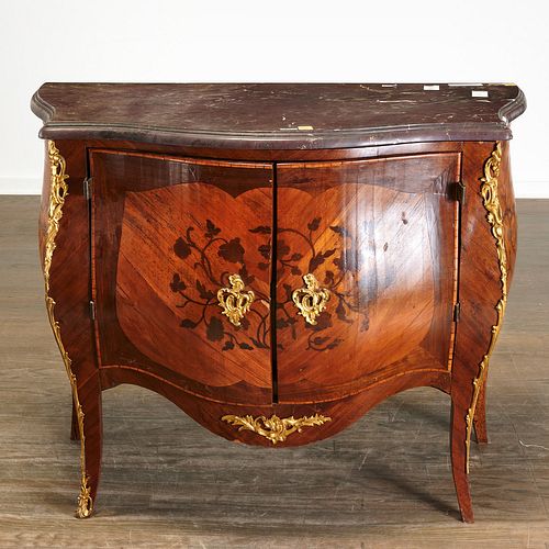 Louis XV marble top parquetry bombe commode