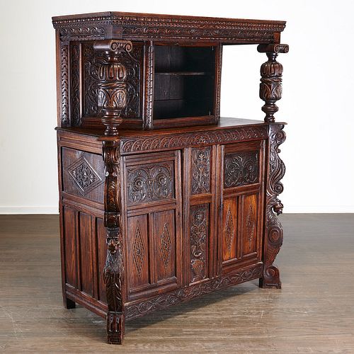 Antique English carved oak court cupboard