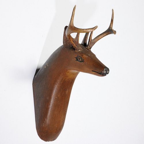 American Folk painted wood deer trophy