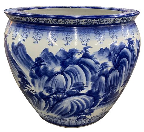Asian Style Blue and White Fish Bowl Planter