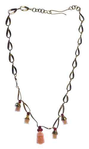 18k Gold, Coral and Pink Topaz Necklace