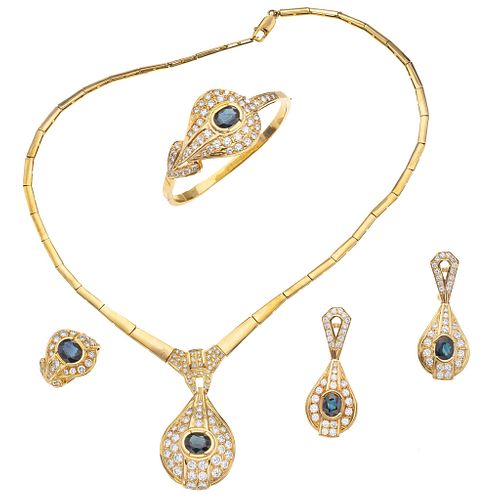 CHOKER, BRACELET, RING AND EARRINGS  SET WITH SAPPHIRES AND DIAMONDS. 18K AND 14K YELLOW GOLD 