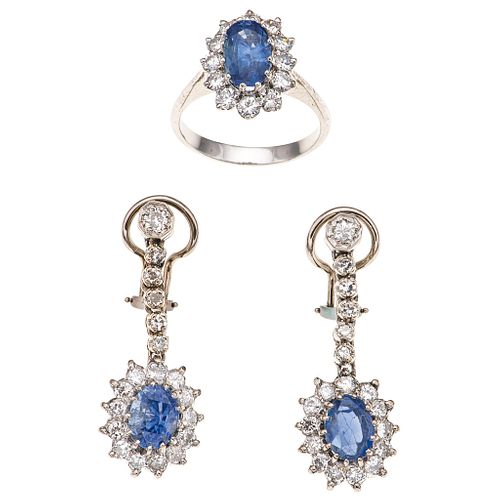 RING AND EARRINGS SET WITH SAPPHIRES AND DIAMONDS. PALLADIUM SILVER 