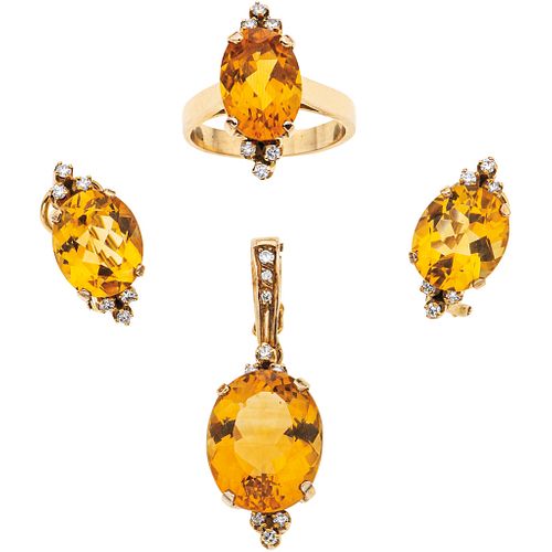 PENDANT, RING AND EARRINGS SET WITH CITRINE AND DIAMONDS. 14K YELLOW GOLD