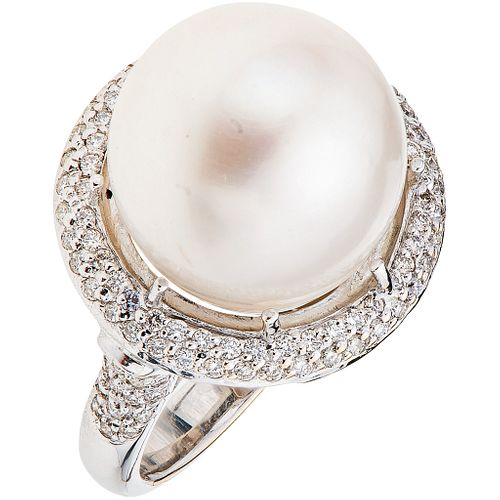 CULTURED PEARL AND DIAMONDS RING. 18K WHITE GOLD