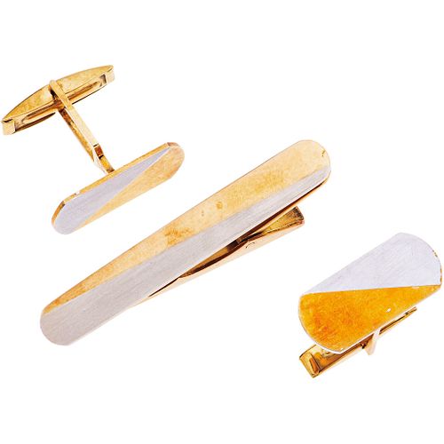 TIE CLIP AND CUFF LINKS SET.  14K YELLOW AND WHITE GOLD