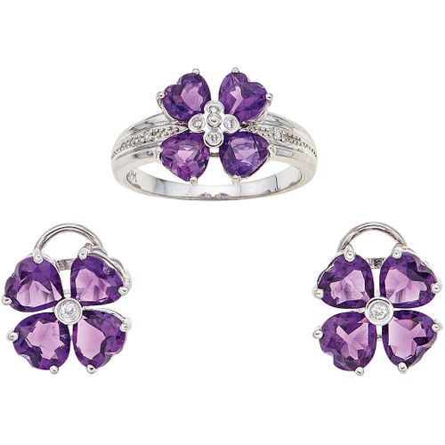 RING AND EARRINGS SET WITH AMETHYSTS AND DIAMONDS. 14K WHITE GOLD