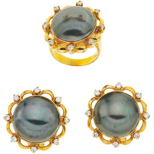 RING AND EARRINGS SET WITH HALF PEARLS AND DIAMONDS. 14K YELLOW GOLD