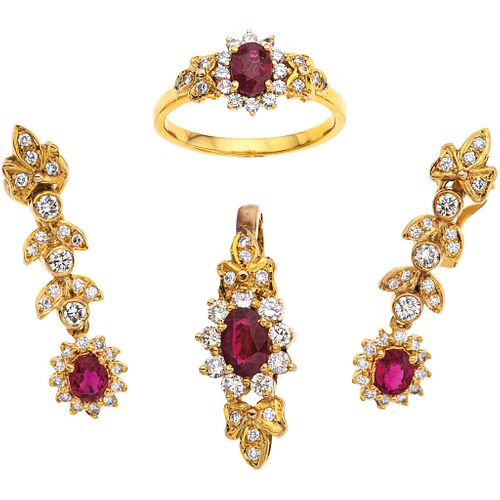 PENDANT, RING AND EARRINGS SET WITH RUBIES AND DIAMONDS. 14K AND 18K YELLOW GOLD