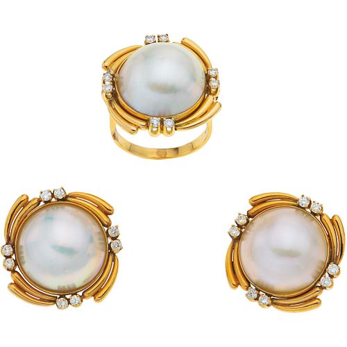 RING AND EARRINGS SET WITH HALF PEARLS AND DIAMONDS. 16K YELLOW GOLD