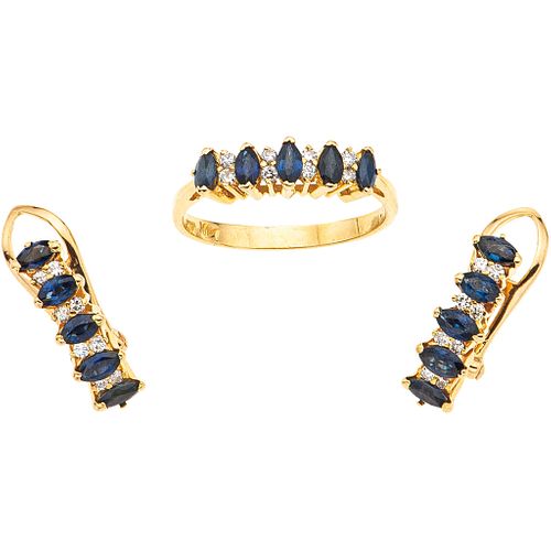 RING AND EARRINGS SET WITH SAPPHIRES AND DIAMONDS. 14K YELLOW GOLD