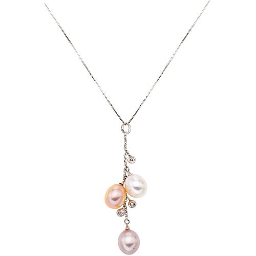 CHOKER AND PENDANT WITH CULTURED PEARLS AND DIAMONDS. 14K WHITE GOLD