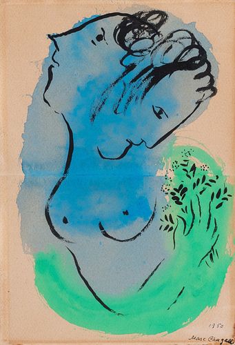 Marc Chagall (Vitebsk 1887-Saint-Paul de Vence 1985)  - Doppio profilo su fondo blu e verde, 1950