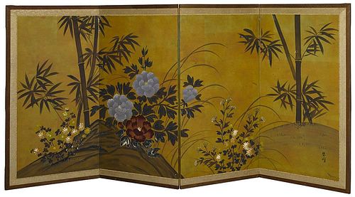 Japanese watercolor four-panel folding screen, mid 20th c., 36 1/4" h., 74" w.