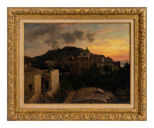 Oswald Achenbach (German, 1827-1905) Mediterranean Landscape with Village and Monatery