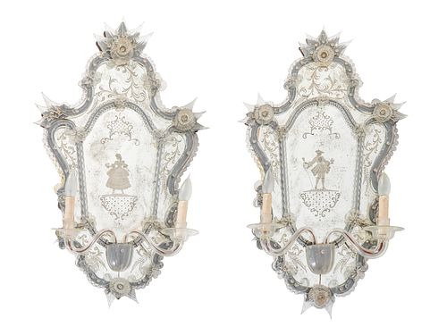 A Pair of Venetian Glass Girandole Mirrors Height 36 inches.