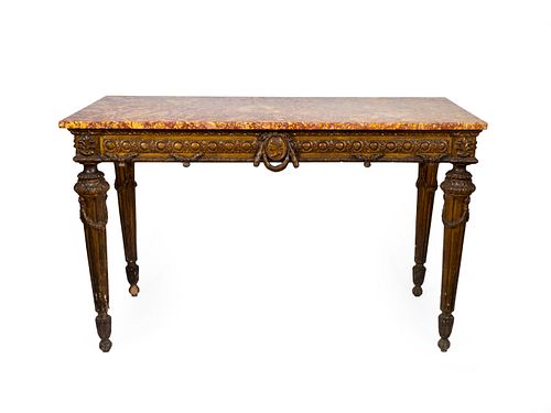 An Italian Neoclassical Giltwood Table Height 36 x width 59 1/2 x depth 30 inches.