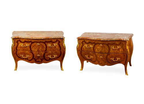 A Pair of Louis XV Style Gilt Bronze Mounted Tulipwood and Marquetry Commodes Height 32 x width 46 x depth 22 1/4 inches.