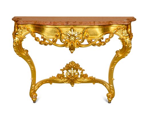 A Louis XV Style Giltwood Console Table Height 34 x width 48 x depth 17 inches.