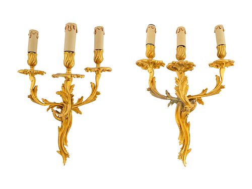 A Pair of Louis XV Style Gilt Bronze Three Light Wall Scones Height 15 inches.