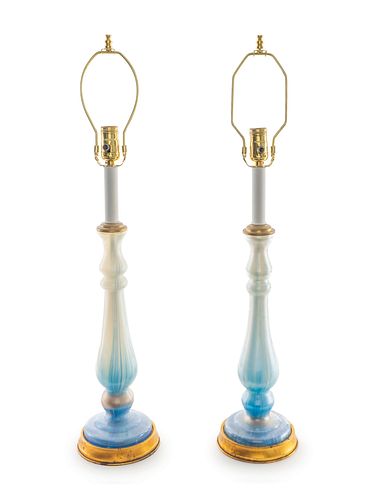 A Pair of Italian Glass Table Lamps Height overall 31 inches.
