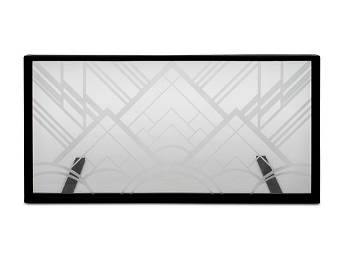 A Modern Frosted and Clear Glass Firescreen Height 26 x width 52 inches.