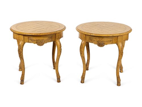 A Pair of Louis XV Style Cream-Painted Circular End Tables Height 26 x diameter 27 inches.
