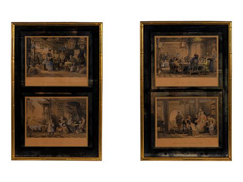 A Pair of Framed Chinese Hand-Colored Prints Framed 27 1/2 x 18 inches.