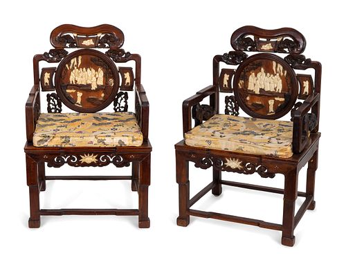 A Pair of Chinese Silver and Bone Inlaid Hardwood Armchairs Height 43 1/2 x width 27.