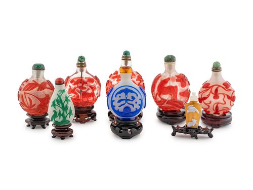 A Group of Eight Chinese Glasswork Snuff Bottles Height of tallest 3 1/8 inches.