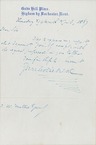 DICKENS, Charles (1812-1870). Autograph letter signed ("Charles Dickens"), to J. W. Mellis. Higham by Rochester, Kent, 18 August 1867.  
