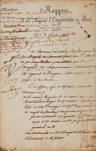 NAPOLEON I (1769-1821), Emperor of France. Partly printed document approved by Napoleon ("accorde Np"), 7 February 1810. 