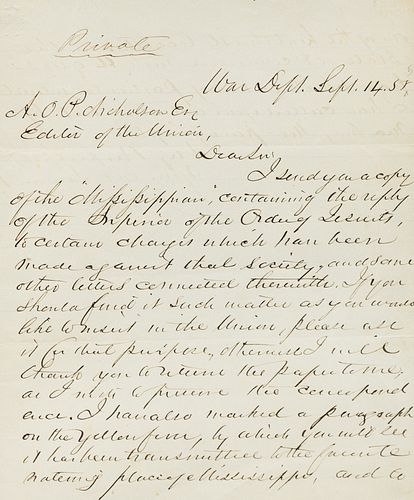DAVIS, Jefferson (1808-1889). Autographed letter signed ("Jefferson Davis"), as Secretary of War, to A.O. Nicholson, 14 September 1855.