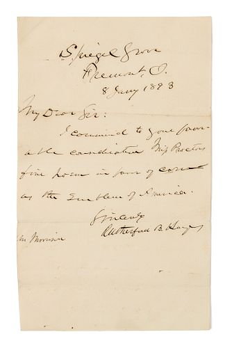 HAYES, Rutherford B. Autographed letter signed ("Rutherford B. Hayes"), to Mr. Morrison, Spiegel Grove. Fremont, O., 8 January 1893.