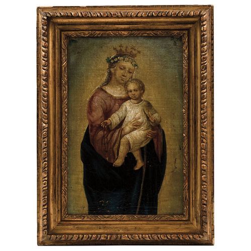 Virgin with Child. Mexico, 18th-19th century. Oil on cloth on wood. 11.4 x 17.7" (29 x 45 cm).