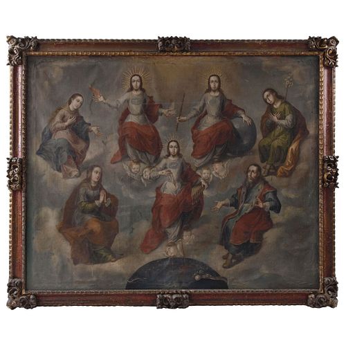 Holy Trinity Surrounded by the Virgin Mary, Saint Joseph, Saint Anne, Saint Joachim. 18th Century. 82.6 x 65.7" (210 x 167 cm).