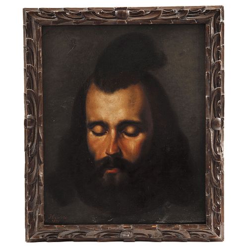 Juan Cordero (Mexico, 1824 - 1884). Head of Saint John the Baptist. Oil on wood. Signed and dated. 16.7 x 13.9" (42.5 x 35.5 cm)