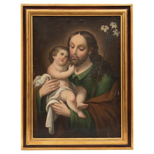 Saint Joseph with Child. Mexico, 19th century. Oil on canvas. 35.4 x 27" (90 x 69 cm).