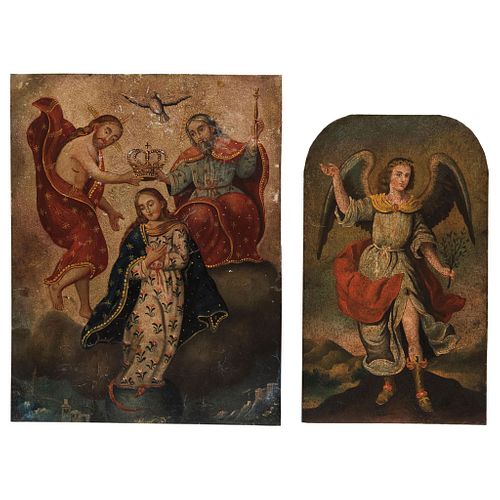 Holy Trinity with Immaculate Virgin and the Archangel Gabriel. Mexico, 18th-19th century. Oil on copper plaque.