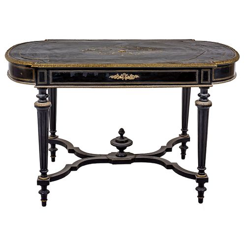 Coffee Table. France, 1900. NAPOLEÓN III Style. Ebonized wood and brass, bone and mother of pearl applications. 30 x 50.7 x 27.5" (76.5 x 129 x 70 cm)