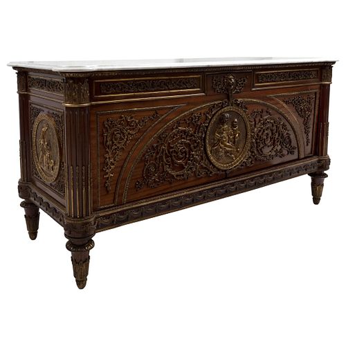 Cabinet. France, 19th century. Wood with gilt bronze applications and white marble top. 36.2 x 71.6 x 26.3" (92 x 182 x 67 cm)