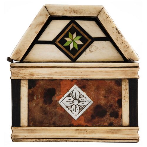 Italian-Arabic Box. Europe, 18th century. Carved wood inlaid with mother of pearl, tortoiseshell and bone. 4.9 x 3.3 x 0.31" (12. 5 x 8.5 x 0.8 cm)