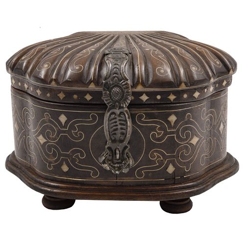 Coca Box. Peru, 19th century. Carved wood inlaid with bone and silver plate. 10.6 x 6.2" (27 x 16 cm)