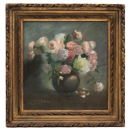 Juan de Mata Pacheco (Mexico, 1874 - 1955). Vase with Flowers. Oil on canvas. Signed and dated "Jn. de M. Pacheco Méx 1905".