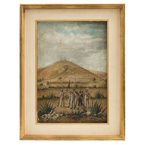 ESCENA DE LA BATALLA DE PUEBLA Y PIRÁMIDE DE CHOLULA. Mexico, 19th-20th century. Oil on canvas.