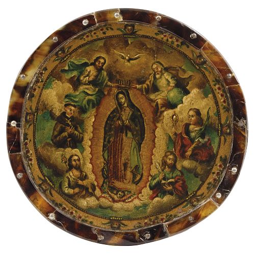 Nun's Medallion with Virgin of Guadalupe and Saints. Mexico, 18th century. Oil on copper foil with tortoiseshell frame.