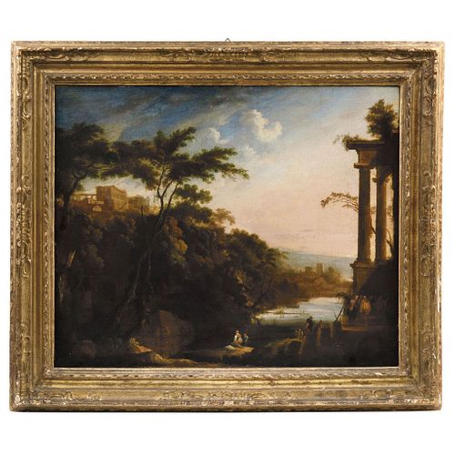 Pierre Antoine Patel. PAISAJE CON RUINAS Y PERSONAJES. France, 18th century. Oil on canvas.