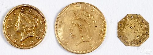 One dollar gold coin, 1849, jewelry piece, together with a gold dollar, type 3, damaged