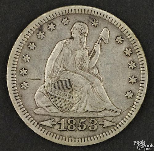 Seated Liberty quarter, arrows and rays, 1853, VF.