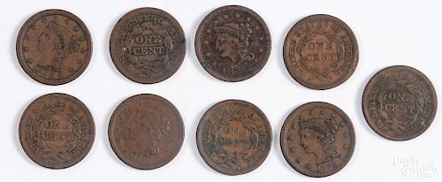 Nine Braided Hair large cents, to include an 1850, an 1852, an 1854, two 1855, and four 1856, VG-F.